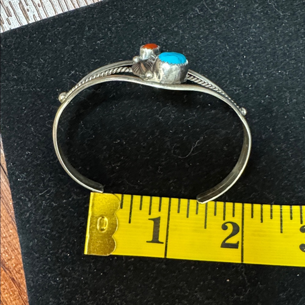Jane Popovich Vintage Native American Sterling, Turquoise, Coral Cuff Bracelet - Picture 14 of 15